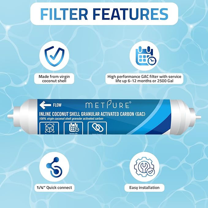 Metpure In line Water Filter 2" x 10" Coconut Shell Post Activated Carbon Water Filter Replacement with 1/4" OD Quick Connects for Inline Reverse Osmosis RO Water Filtration, Refrigerator, Ice Maker