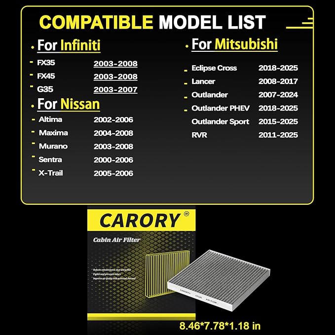 Cabin Air Filter w/Activated Carbon for Mitsubishi Outlander 2007-2024, Outlander Sport 2015-2025, Nissan Altima 2002-2006, Maxima 2004-2008, Infiniti G35 2003-2007 - Replaces CF10140, 7803A005