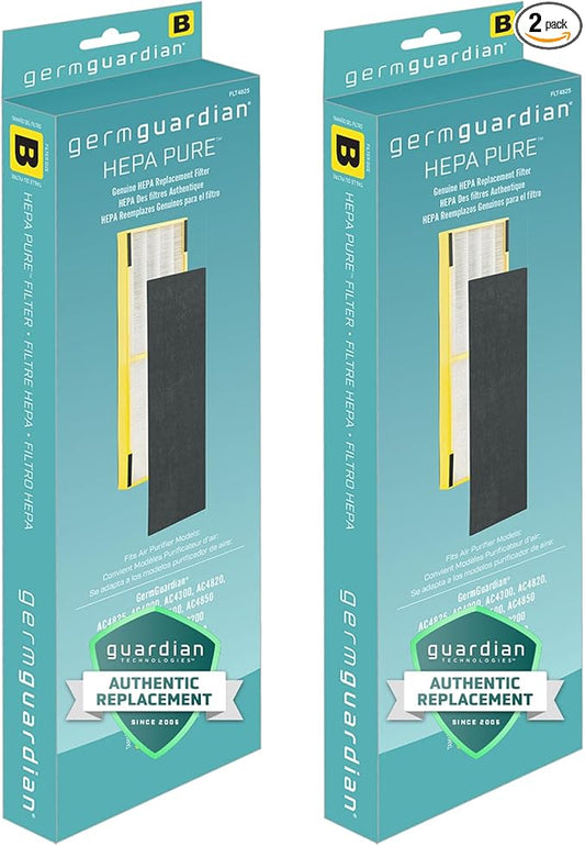 GermGuardian HEPA Pure Genuine Air Purifier Filter B, Removes 99.97% of Pollutants, Wildfire Smoke, Odors, for AC4825, AC4300, AC4900, AC4880, AC4850, CDAP4500, 2-Pack, Black/Yellow, FLT48252PK