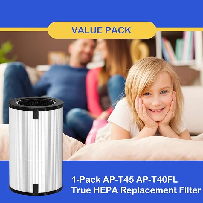 AP-T45 AP-T40FL HEPA Replacement Filter Compatible with 1461901 Homedics Total Clean 5-in-1 Air Cleaner Purifier, AP-T40 AP-T45WT AP-T40WT AP-T45-BK AP-T45-WT AP-T40WTAR, White, 1 Pack