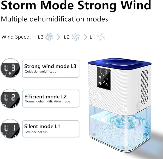 Dehumidifier,MTOX 3L/105 oz (1000 Sq Ft) Small Dehumidifiers for Rooms, Bathroom, RV, Quiet with Auto Shut-Off, Timer, 3 Modes, Removable Filter & Aromatherapy Box, 7-Color LED (Blue & White)