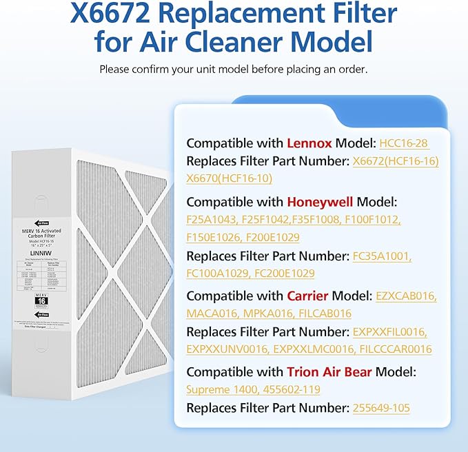 1 Pack X6672 16x25x5 MERV 16 Filter Compatible with Lennox X6672 and Lennox HCC16-28 Healthy Climate Carbon Clean MERV 16 Home Furnace Filter for HVAC System, Part Number HCF16-16, HCF16-10