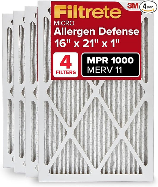 Filtrete 16x21x1 AC Furnace Air Filter, MERV 11, MPR 1000, Micro Allergen Defense, 3-Month Pleated 1-Inch Electrostatic Air Cleaning Filter, 4 Pack