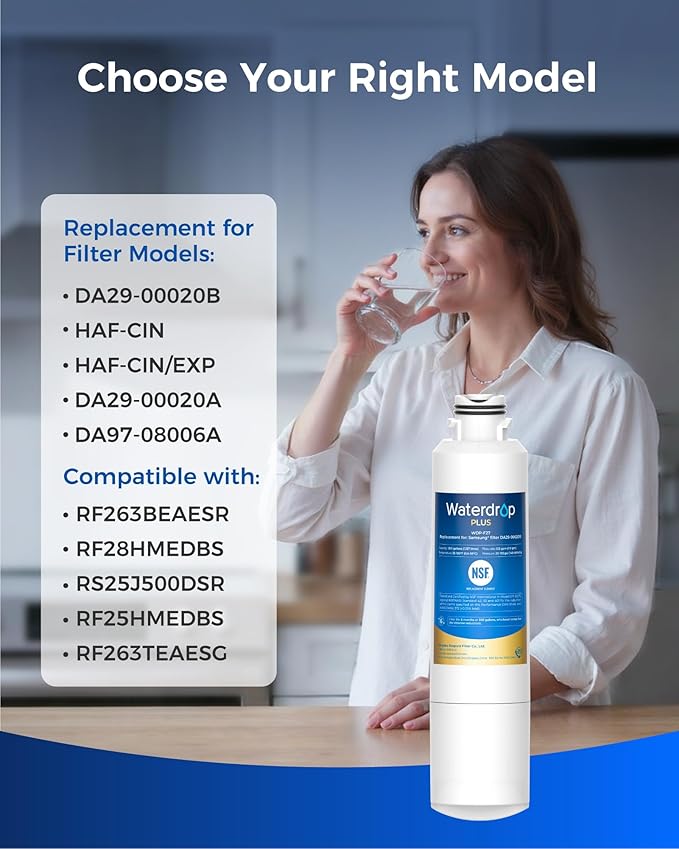 Waterdrop Plus DA29-00020B 𝐍𝐒𝐅 𝟒𝟎𝟏 𝐂𝐞𝐫𝐭𝐢𝐟𝐢𝐞𝐝 Refrigerator Water Filter, Replacement for Samsung® Water Filter DA29-00020B, HAF-CIN, HDX FMS-2, RF28HMEDBSR, 2 Filters (Package May Vary)