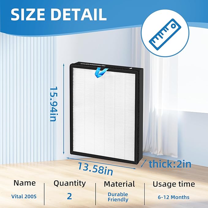 Vital 200S Replacement Filter for LEVOIT Vital 200S Air Purifier, 3-in-1 True and Efficiency Activated Carbon Filter, Part# Vital 200S-RF,2 Pack,White
