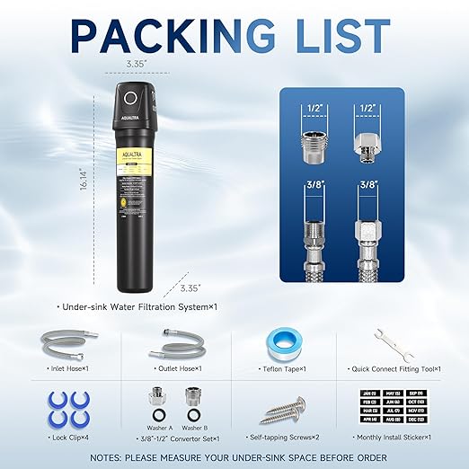 AQUALTRA USF02-BK Under Sink Water Filter System, 20K Gallons, NSF/ANSI/CAN 372 Certified, 0.5 μm Carbon Fiber Filter Reduces PFAS (PFOA/PFOS), Chlorine, Lead, Chloramine, Fluoride, Bad Taste & Odor
