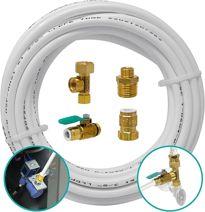 Metpure Ice Maker Fridge Installation Kit – 25' Feet x 3/8" OD Tubing for Appliance Water Line with Brass Stop Tee Connection and Valve for Quick Installation, 3/8" OD Fittings