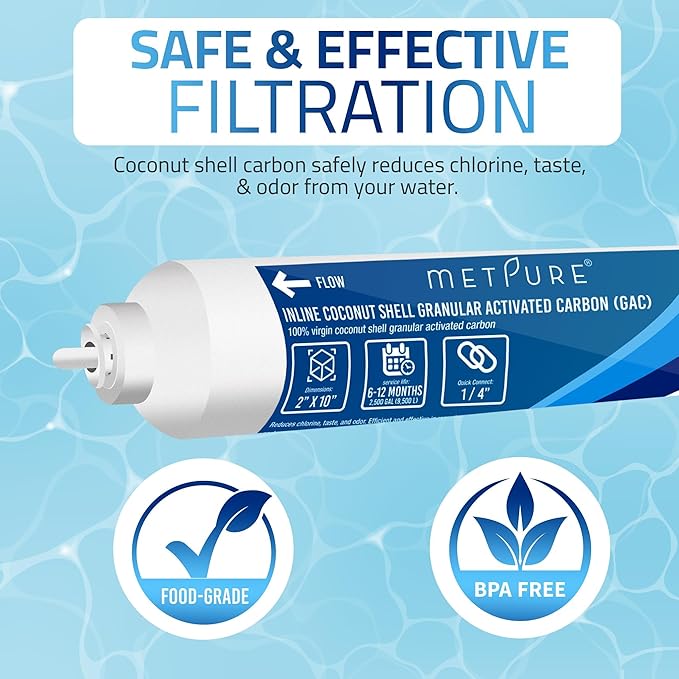 Metpure In line Water Filter 2" x 10" Coconut Shell Post Activated Carbon Water Filter Replacement 1/4" Quick Connects for Inline Reverse Osmosis RO Water Filtration, Refrigerator, Ice Maker [2 Pack]