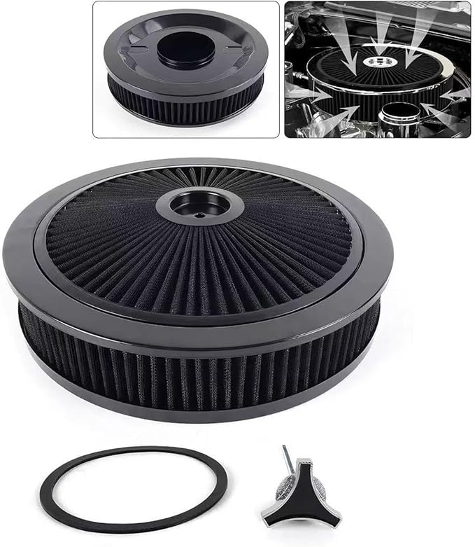 14"x3" Round High Flow Washable Air Cleaner Filter Assembly w/Flow-Thru Lid for Caburetor Compatible with Ford/GMC/Chevy SBC BBC Black