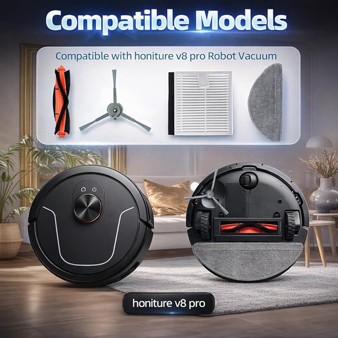 Replacement Parts Accessories Kit Compatible with Honiture V8 Pro Robot Vacuum Cleaner 1 Main Brush, 6 Side Brushes, 4 Hepa Filters, 4 Mop Pad