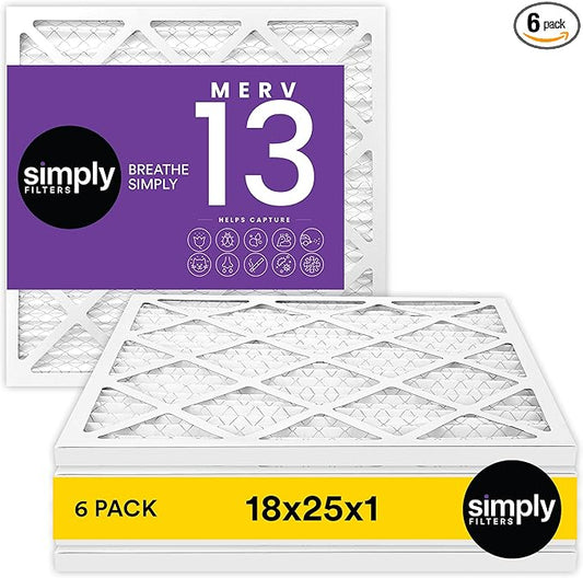 Simply 18x25x1 Air Filter, MERV 13, 6 Pack, For Home AC Furnace & HVAC (Actual Size: 17.75"x24.75"x0.75") DUST, Pet, & Allergy Control