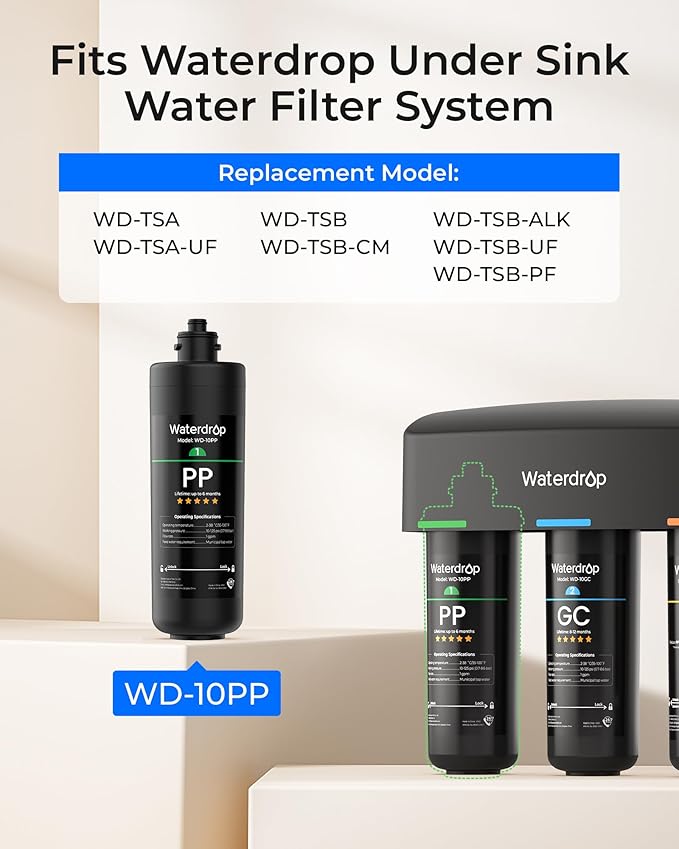 Waterdrop WD-10PP Under Sink Water Filter, Replacement for Waterdrop TSA & TSB &TSB-CM 3-stage Under Sink Water Filter System