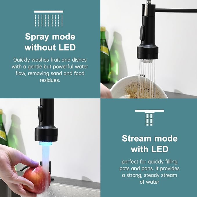 GIMILI Black and Gold Kitchen Faucet with Soap Dispenser Single Hole Pull Down Sprayer LED Faucet, Suitable for Farmhouses, RV, Laundry Room, Outdoor, and Campers. Llave para fregadero de cocina