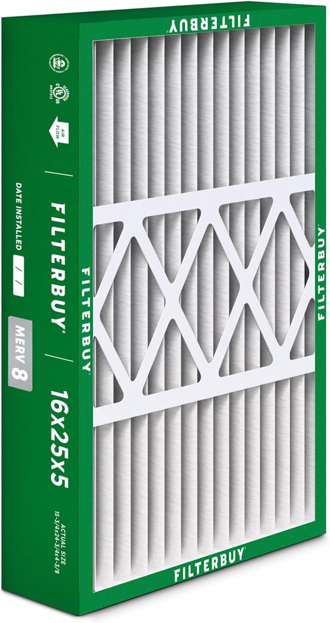 Filterbuy 16x25x5 Air Filter MERV 8 Essential Dust & Allergy Defense (3-Pack), Pleated HVAC AC Furnace Filters for Honeywell FC100A1029, Lennox X6670, and More (Actual Size: 15.75 x 24.75 x 4.38)