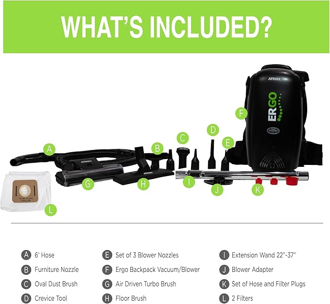 Atrix VACBP1 Ergonomic Backpack Vacuum Cleaner - 8-Quart HEPA Filter, 1400W Portable Small Vacuum for Multi-Use - Includes Attachments: 6' Hose, Blower Nozzles, Wand, Brushes