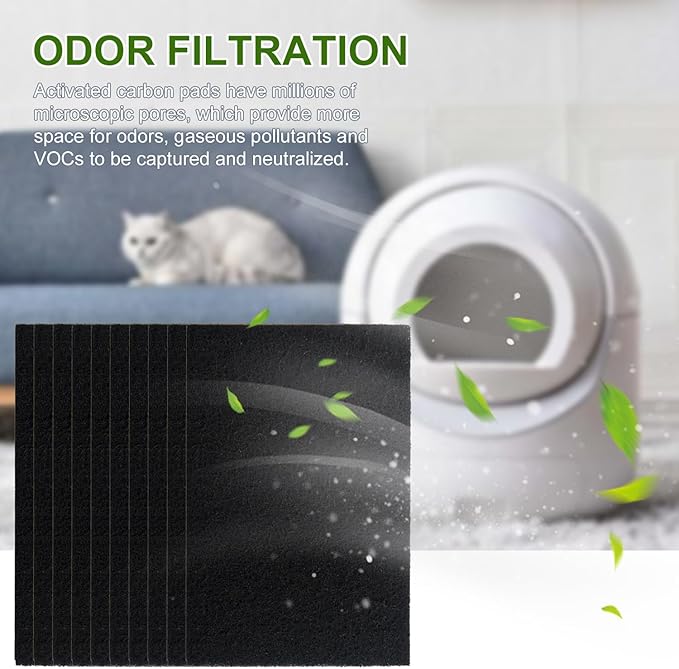 Double Thickness 10 Pack Cat Litter Box Charcoal Filters, 6.4 x 4.5Inches Replacement Odor Control Air Filters for Van Ness Cat Litter Box(VN Filters)