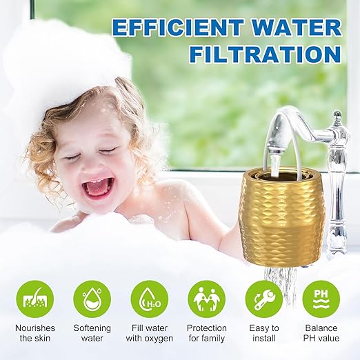 Bath Filter for Tub - KDF-55 Bath Water Filter for Tub Faucet, Removes Most Chlorine, Lead, Fluoride and Heavy Metals | Hard Water Softener, Improves Skin, Hair and Nails (Gold)