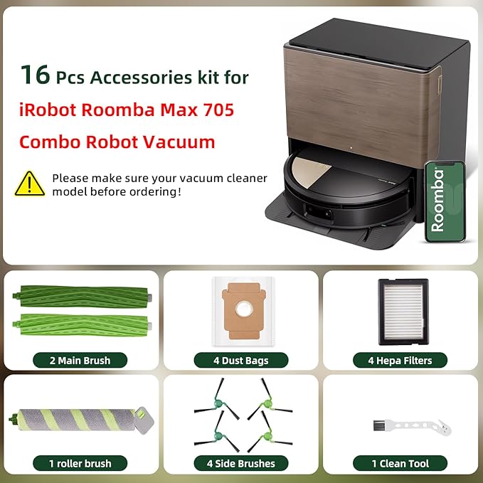 16 Pcs Accessories kit for iRobot Roomba Max 705 Combo Robot Vacuum, 2 Main Brush, 4 Dust Bags, 4 Hepa Filters, 1 roller brush, 4 Side Brushes, 1 Clean Tool, Replacement Parts with iRobot 705