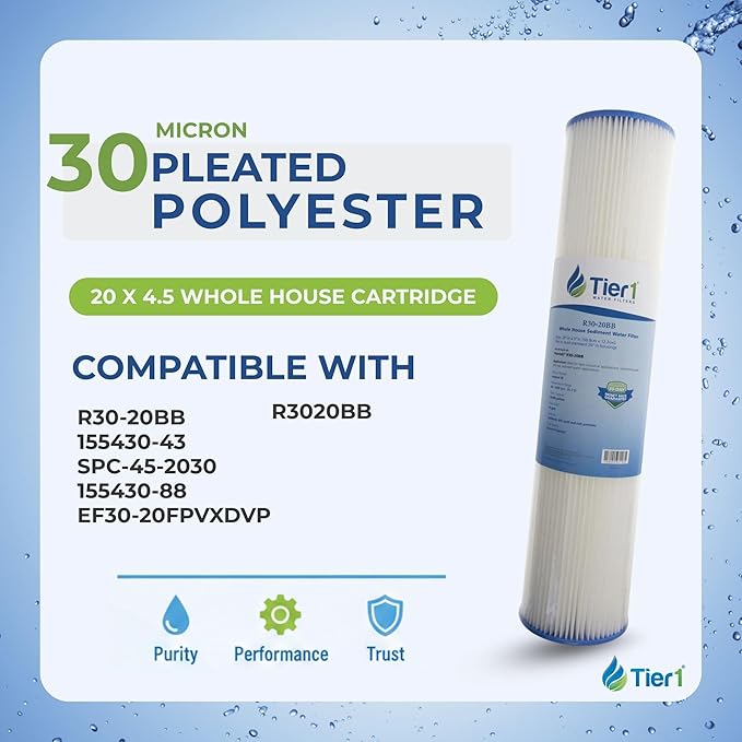 Tier1 30 Micron 20x4.5 Water Filter | Whole House Sediment Water Filter | Pleated Polyester Cartridge | Replacement for Pentek R30-20BB, 155430-43, SPC-45-2030 | High-Flow 4.5 x 20 Water Filter