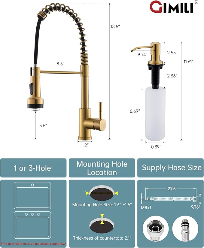 GIMILI Gold LED Kitchen Faucet with Soap Dispenser, Modern Single Handle Spring Kitchen Sink Faucets with Pull Down Sprayer
