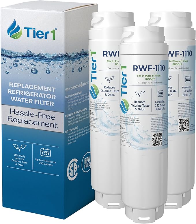 Tier1 RWF1110 9000 077104 Refrigerator Water Filter | Replacement for Bosch 644845, REPLFLTR10, UltraClarity, 11034152 Fridge Filter - Up to 18 Months Supply | Easy Install | Odor Control (3-pk)