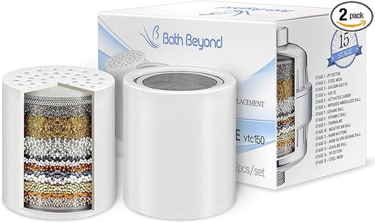 Bath Beyond 15-Stage Shower Filter Replacement Cartridge (Pack of 2) Shower Filter w/Vitamin C for Hard Water - Shower Water Filter Removes Chlorine Fluoride/Improves Condition of Your Skin, Hair