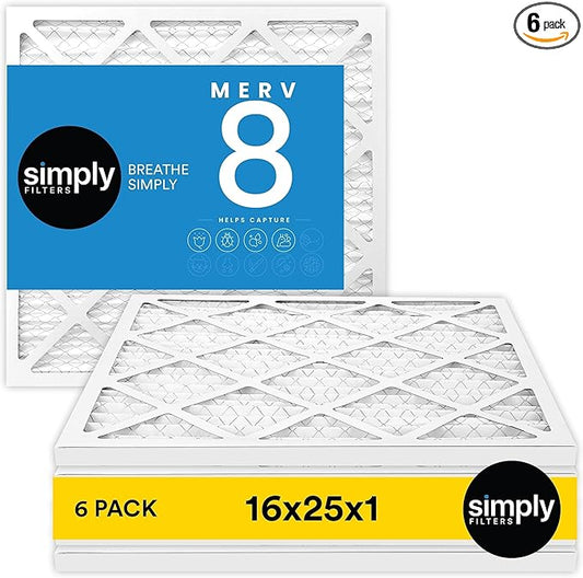 Simply 16x25x1 Air Filter, MERV 8, 6 Pack, For Home AC Furnace & HVAC (Actual Size: 15.75"x24.75"x0.75") DUST, Pet, & Allergy Control