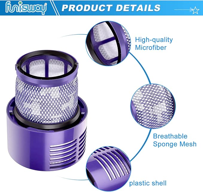 2 Pack Replacement V10 Filters for Dyson V10 Cyclone Series, V10 Animal, V10 Absolute, V10 Total Clean, SV12, Replace Part 969082-01
