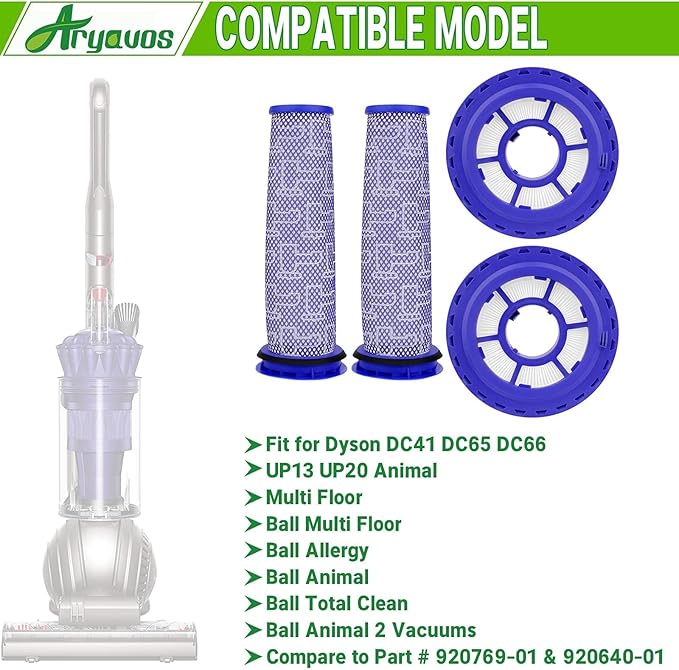 Filter Replacements for dy.son Ball Animal 2, DC65 DC41 UP13, Ball Vacuums Ball Animal 3, DC66 UP20 UP30 Multi Floor for dy.son, 2 HEPA Post Filters & 2 Pre Filters, Replace Part#920769-01 & 920640-01