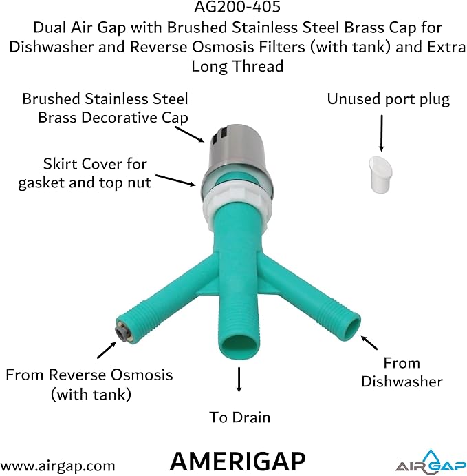 Dual Air Gap with Brushed Stainless Steel Brass Cap for Dishwasher and Reverse Osmosis Filters (with tank) and Extra Long Thread (AG200-405, AG200-X05, AMERIGAP)
