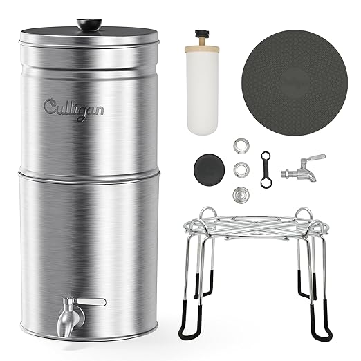 Culligan MaxClear 2.25 Gallon Gravity Water Filter System, Brushed Stainless-Steel Countertop Water Filter NSF/ANSI Certified to Reduce Microplastics, Lead & Total PFAS, with 2 Ceramic Filters