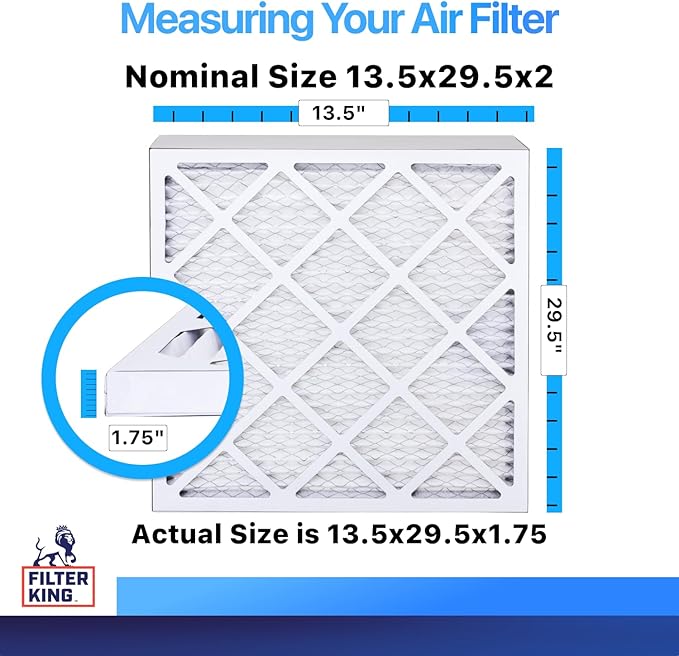 Filter King 13.5x29.5x2 Air Filter (MERV 8) (5-Pack) Dust & Allergy Control AC Furnace Filters, MADE IN USA, HVAC, Pleated, Electrostatic (Actual Size: 13.5 x 29.5 x 1.75)