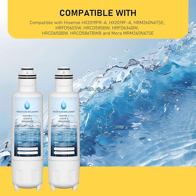 HX2019F-A HX2019FR-A Water Filter Replacement, Compatible With Hisense HRM260N6TSE, HRFD560SW, HRCD585BW, HRFD634BW, HRCD650BW, HRCD586TBWB and Mora MRM260N6TSE 3 Pack