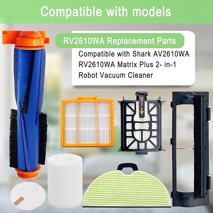 Replacement Parts for Shark AV2610WA RV2610WA Matrix Plus 2- in-1 Robot Vacuum Cleaner,1 Main Brush,3 Filters,3 Mop Pads,6 Side Brush,1 Pre Filter,1 Roller Cover,1 Filter&1 Pre-Motor Foam&Felt Filter