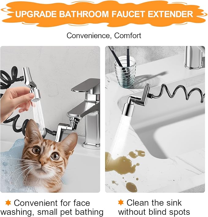 1080° Rotatable Faucet Extender Aerator - Sink Faucet Sprayer Attachment Bathroom - 2 Mode Metal Robotic Arm with Flexible Hose Extension - Small Pet Bathing Hair Face Washing