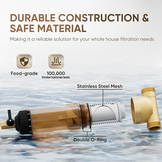 PUREPLUS 40 Micron Whole House Spin Down Sediment Water Filter With Scrapper, Reusable Flushable Pre-Filtration System for City/Tap water, 1" MNPT + 3/4" FNPT + 3/4"MNPT, Brass, BPA Free, USA Tech