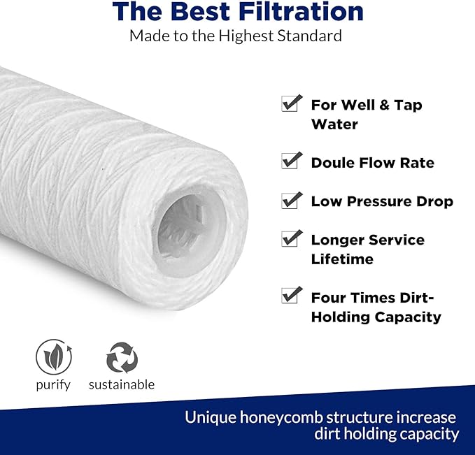 Membrane Solutions 5 Micron 10"x2.5" String Wound Whole House Water Filter Replacement Cartridge Universal Sediment Filters for Well Water - 6 Pack