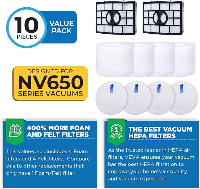 VEVA Premium Vacuum Filter Set with 2 HEPA, 4 Foam, 4 Felt Filters for Shark Rotator Navigator Duoclean Lift-Away Upright Model NV650, 650W, 651, 652, 750W, 751, 752, 831, 835; AX950, 951 & 952