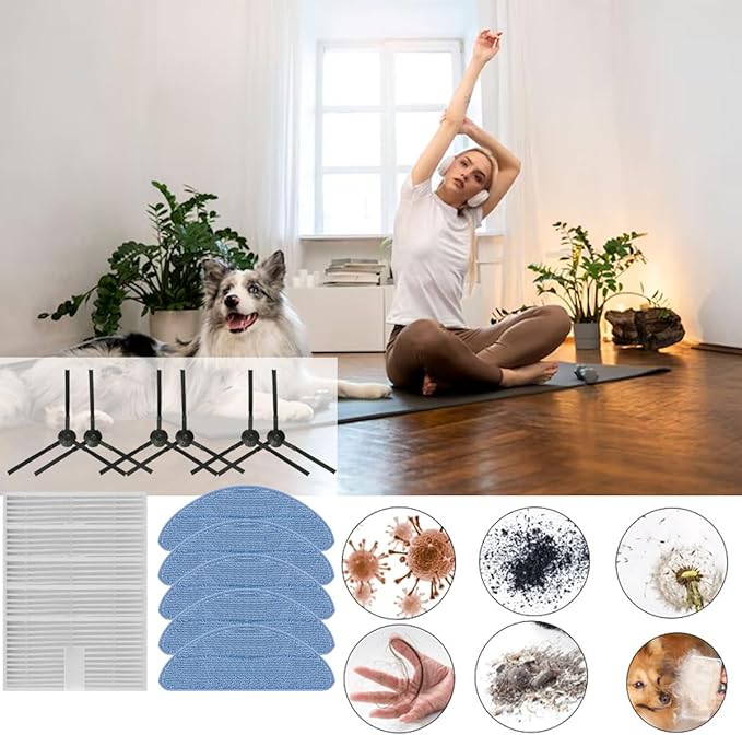 16 Pack Replacement Accessories Kit Compatible With ILIFE V9 V9 Pro A12 PRO Robot Vacuum,6 Side Brushes,5 Mop Pads,5 Hepa Filters