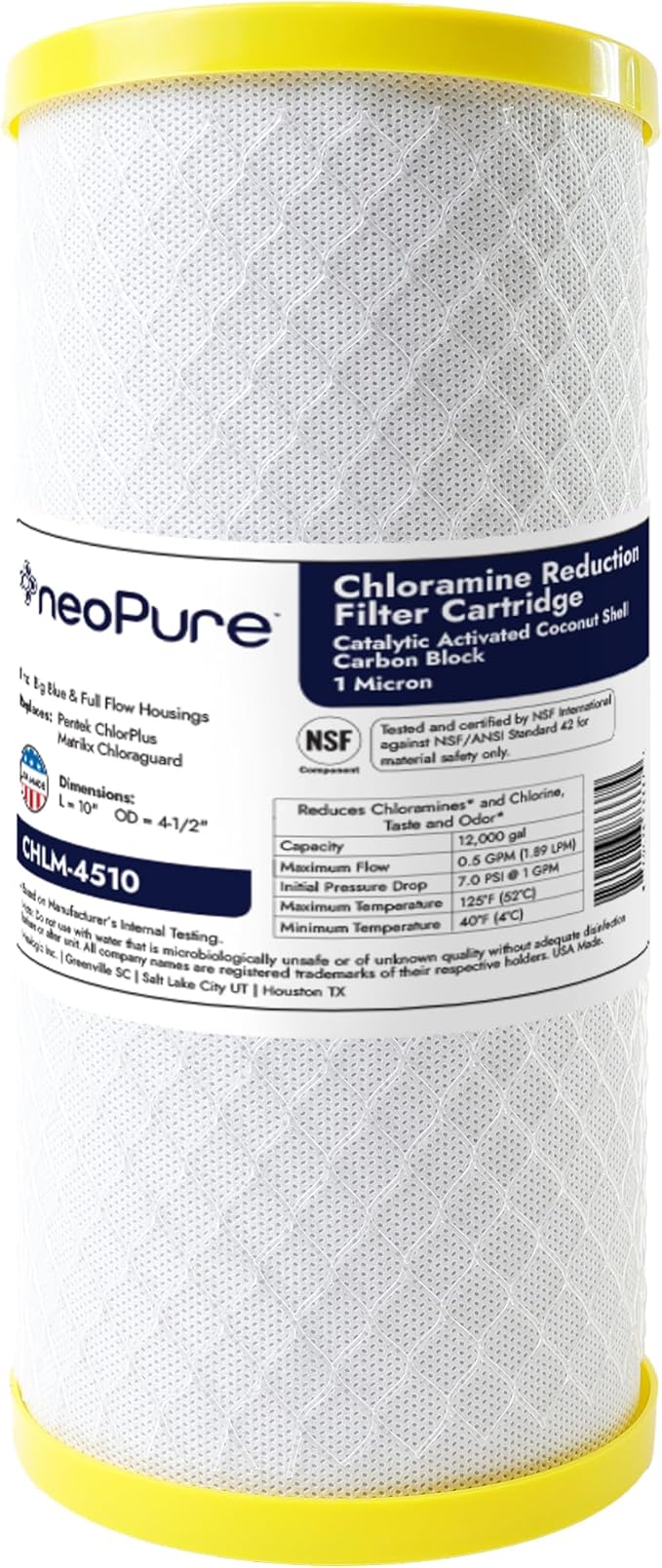 Neo-Pure CHLM-4510 Carbon Block Water Filter Cartridge, 9-7/8" x 4-1/2", 1 Micron, Chloramine and Chlorine Reduction, High-Capacity Replacement Filter