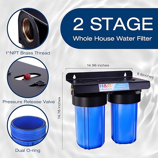 H&G Lifestyles 2-Stage Whole House Water Filtration System, GAC KDF 58 Filter and PP Cotton Filter, Chlorine Odor Heavy Metal Lead Sediment Removal, Drinking Water Purification System 50,000 Gallons