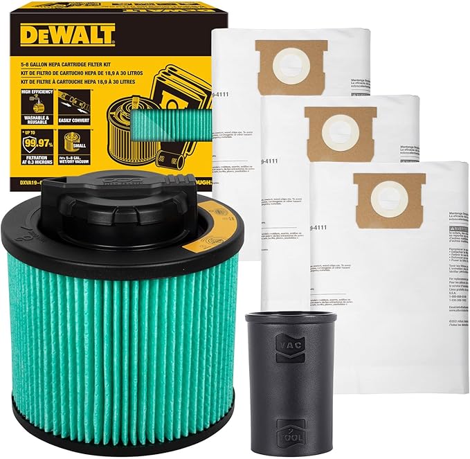 DEWALT Shop Vac Filter and Dust Bags for Most 4-8 Gallon Shop Vacs, HEPA Vacuum Filter Replacement 3-Pack Filter Bags and Power Tool Adapter Kit, DXVA19-0502