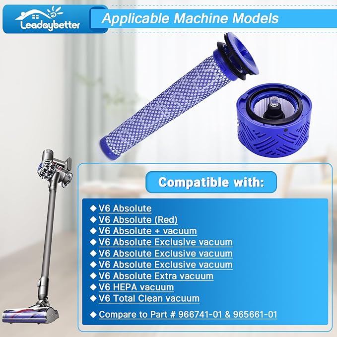 Leadaybetter V6 Filters Replacement for Dyson Absolute Total Clean Cordless Stick Vacuum, 2 Pack Post HEPA and Pre Filter Replacements, Compare to Part # 966741-01 & 965661-01
