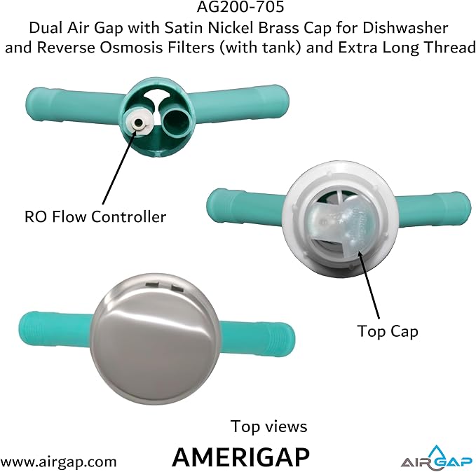 Dual Air Gap with Satin Nickel Brass Cap for Dishwasher and Reverse Osmosis Filters (with tank) and Extra Long Thread (AG200-705, AG200-X05, AMERIGAP)