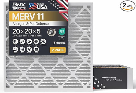 BNX TruFilter 20x20x5 (19.88’’ x 19.88’’ x 4.38‘’ Honeywell Compatible 4”) MERV 11 Air Filter (2-Pack) - MADE IN USA - HVAC AC Furnace Filters Health, Allergies, Mold, Bacteria, Smoke, MPR 1200 FPR 7