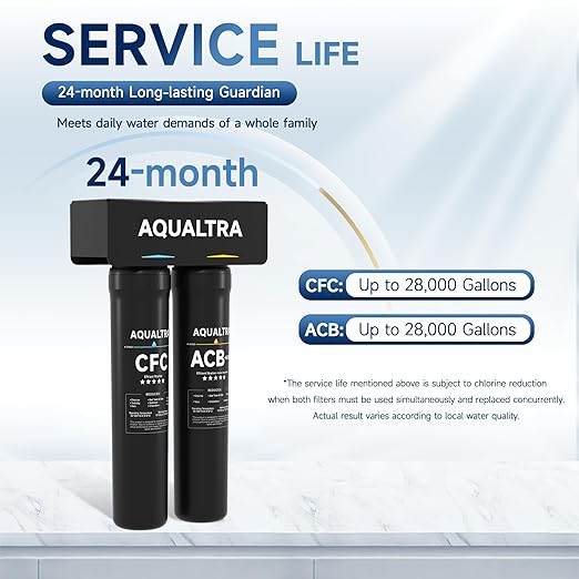 AQUALTRA USF-2B-15 Slightly Alkaline Under Sink Water Filtration System, 28000 Gallons Under-Sink Water Filter, 0.5 μm Carbon Fiber Filter Reduces Chlorine, Chloramine, Fluoride, Bad Taste & Odor