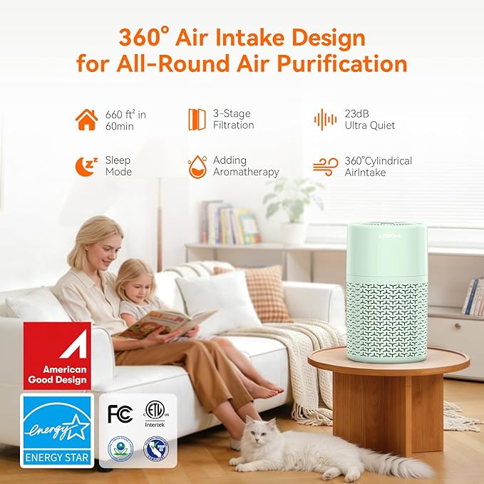AIRROMI Pets Air Purifier for Home Allergies,Up to 660 ft². HEPA Deodorizing Activated Carbon Filter,With Fragrance Sponge for Better Sleep,Night Light,Pet Dander,Smoke,Odors,Air Cleaner A2002 Green