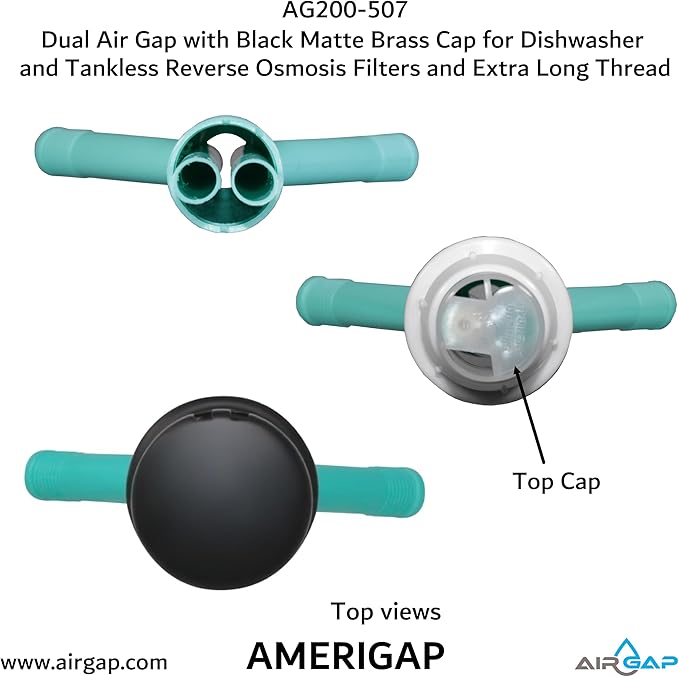 Dual Air Gap with Black Matte Brass Cap for Dishwasher and Tankless Reverse Osmosis Filter and Extra Long Thread (AG200-507, AG200-X07, AMERIGAP)