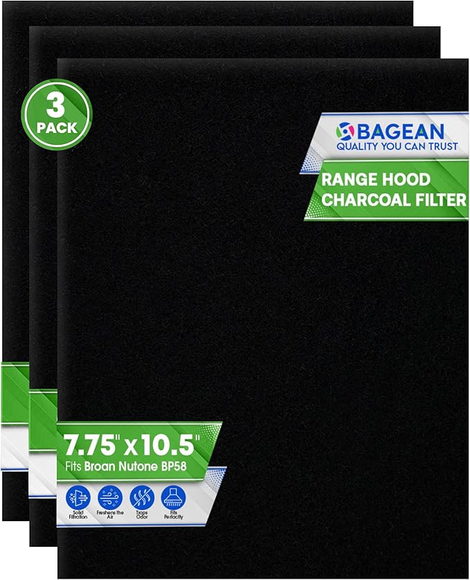 Range Hood Charcoal Filter 7.75” x 10.5” - Fits Broan and Nutone BP58 For 43000 Series Range Hoods - Broan Range Hood Filter Replacement - Carbon Stove Vent Fan Filters Removes Kitchen Odors (3-Pack)
