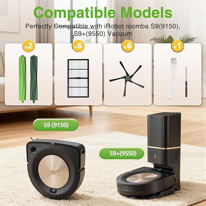 18 Pcs S9 Replacement Parts Accessories for iRobot Roomba S9(9150) S9+ S9 Plus (9550) S Series Vacuum Cleaner, 2 Set Rubber Roller Brush, 6 Filters, 6 Side Brush, 2 Tools